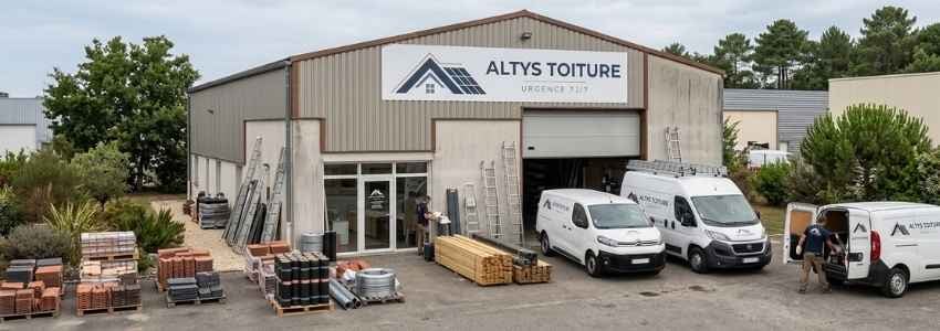 Le local d’Altys Toiture Pessac : entrepôt logoté, fourgons, échelles et stock de tuiles et de liteaux